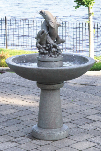 Dolphin Trio Spouting Garden Fountain Playing Waves Cement Spill